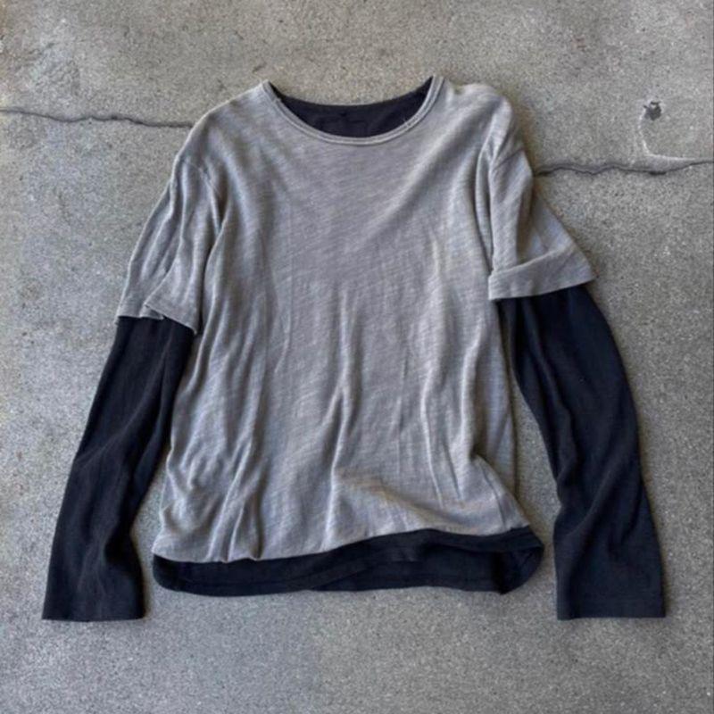 

Пэчворк Ретро Многослойный Топ из Двух Частей: Круглый вырез, Свободный крой, Повседневная носка S серый