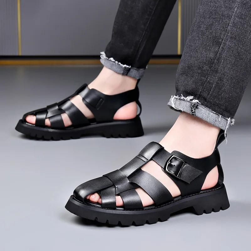 Fashion Big Size Cow Leather Roman Sandals for Men 2025 Summer Designer Hallow Out Platform Shoes Male Fashion Casual Black Sandals Man