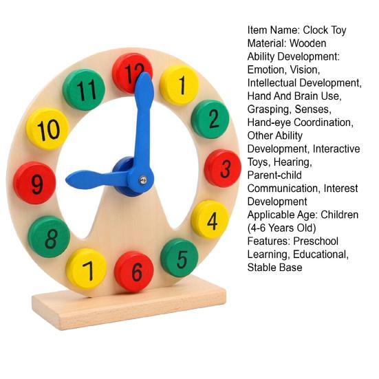 Kids Wooden Clock Toy Preschool Number Color Recognition Time Learning Clock Toddlers Educational Clock Teaching Aid with Movable Hands