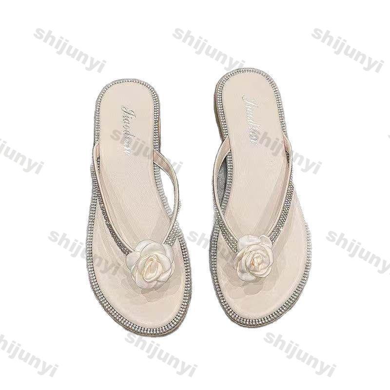 Fashion Women's Flip Flops 2025 Summer Outdoor Flat Fashion Rhinestone Flower Beach Shoes Soft Sole Lightweight Comfortable Casual Shoes