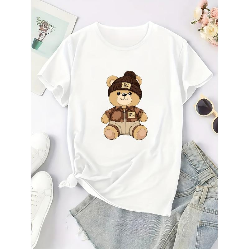 Damen Y2K Style Kurzarm-T-Shirt - Lässiges Oberteil mit Cartoon-Bären-Design, Bequem für alle Jahreszeiten, Maschinenwaschbar
