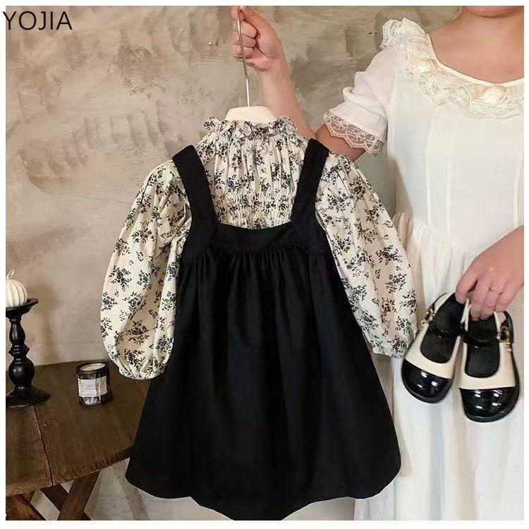 2024 Autumn Korean Mori Style Girls' Floral Shirt & Suspender Skirt Set