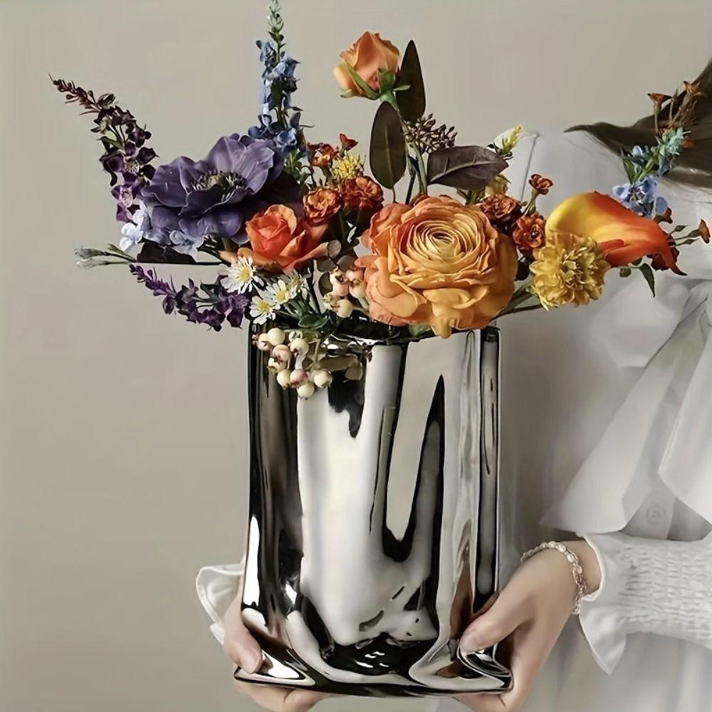 Light Luxury Electroplated Ceramic Vase Minimalist Hydroponic Flower Pot  Entrance Ornament