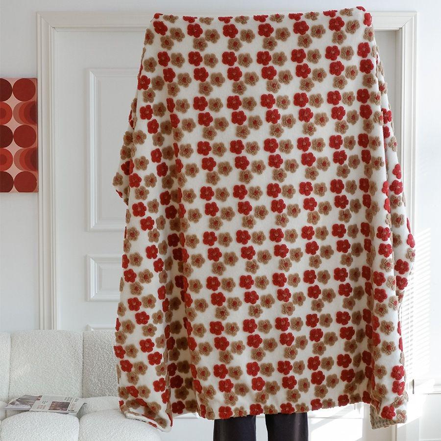 G5Z Красный Новогодний Цветочный Шерстяной Жаккардовый Плед для Дивана 110x150cm