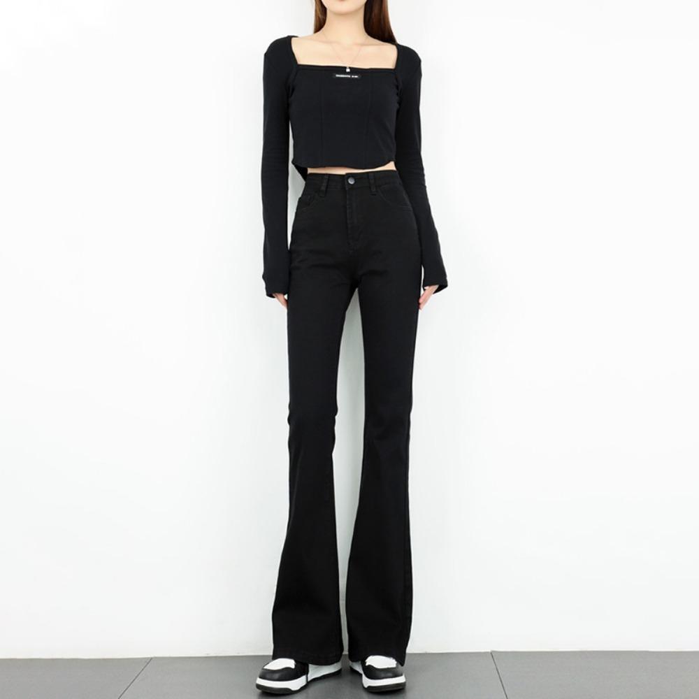 

Korean version of micro-pull jeans women s spring and autumn new high-waisted slim-fitting and thin versatile chic horn jeans 2XL чёрный