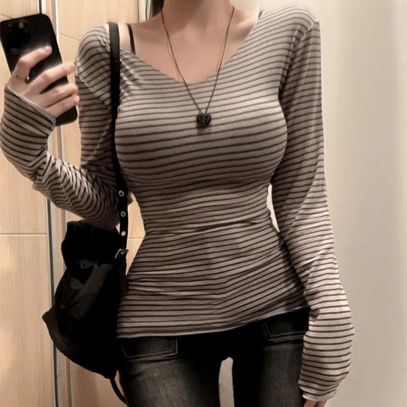 Women's Striped Off-the-Shoulder Slim Fit See-Through Long Sleeve T-Shirt for Autumn/Winter