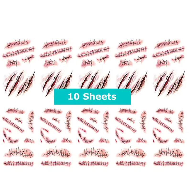 

10 Sheets Halloween Horror Wound Temporary Tattoos Waterproof Realistic Blood Tattoo Scar Tattoo Stickers Suitable for Face and