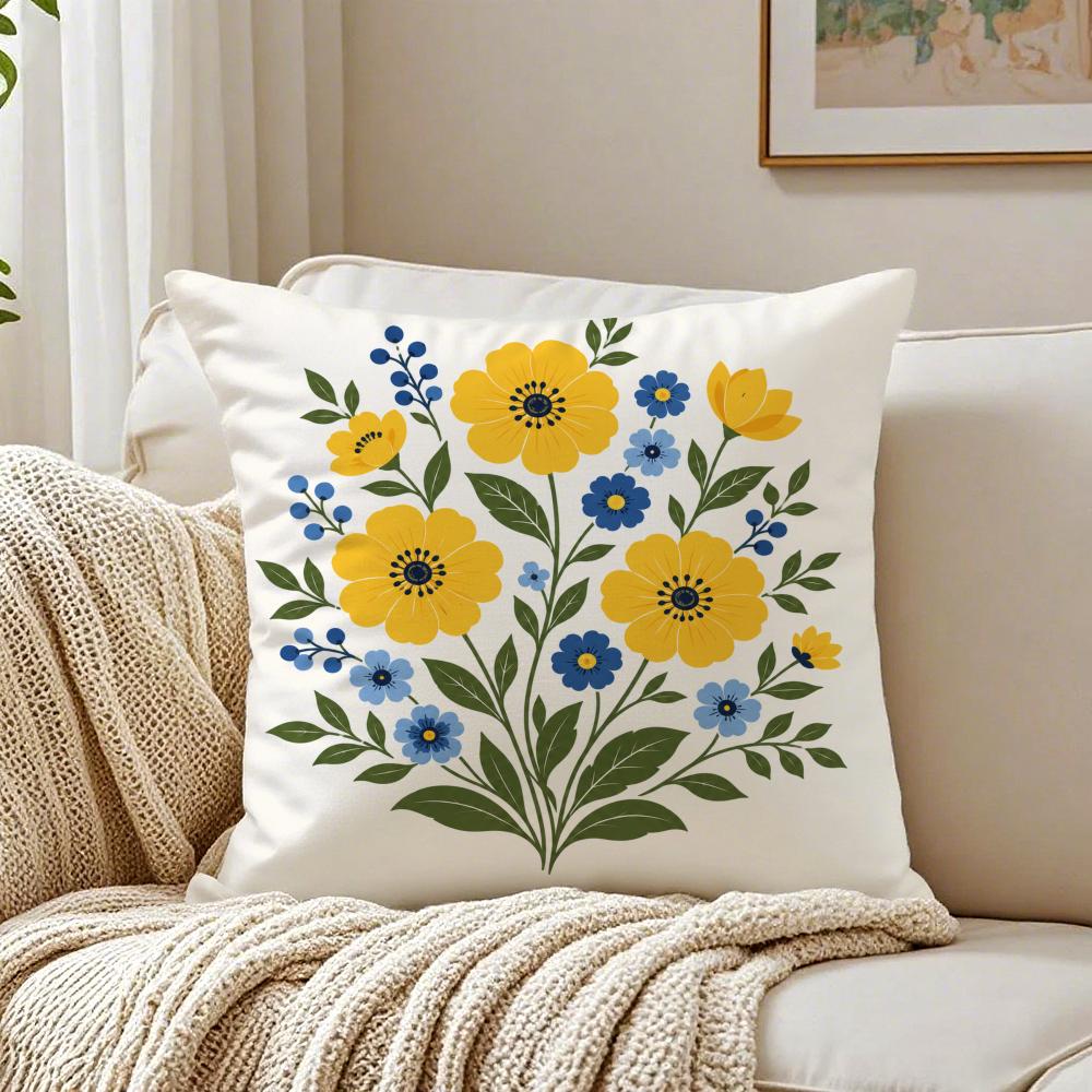 Yellow Blue Wildflower Pillow Case Organic Short Plush Cushion Covers Breathable Washable WrinkleResistant