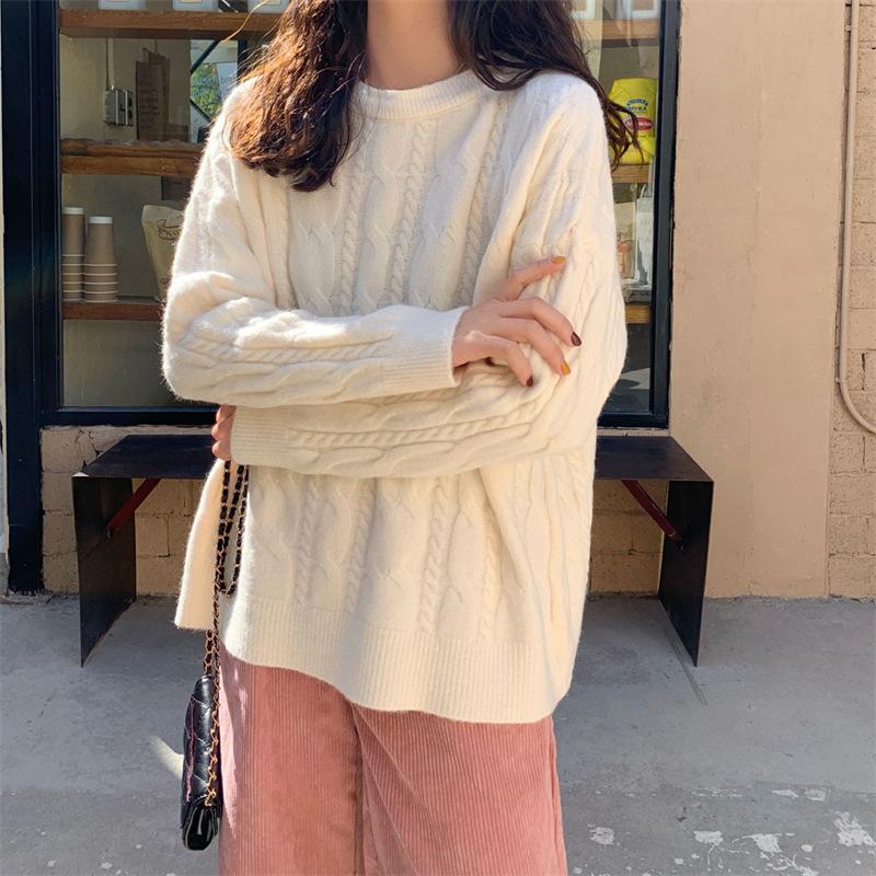 Twist knitted sweater pullover women's autumn and winter new round neck threaded lazy wind thick primer sweater