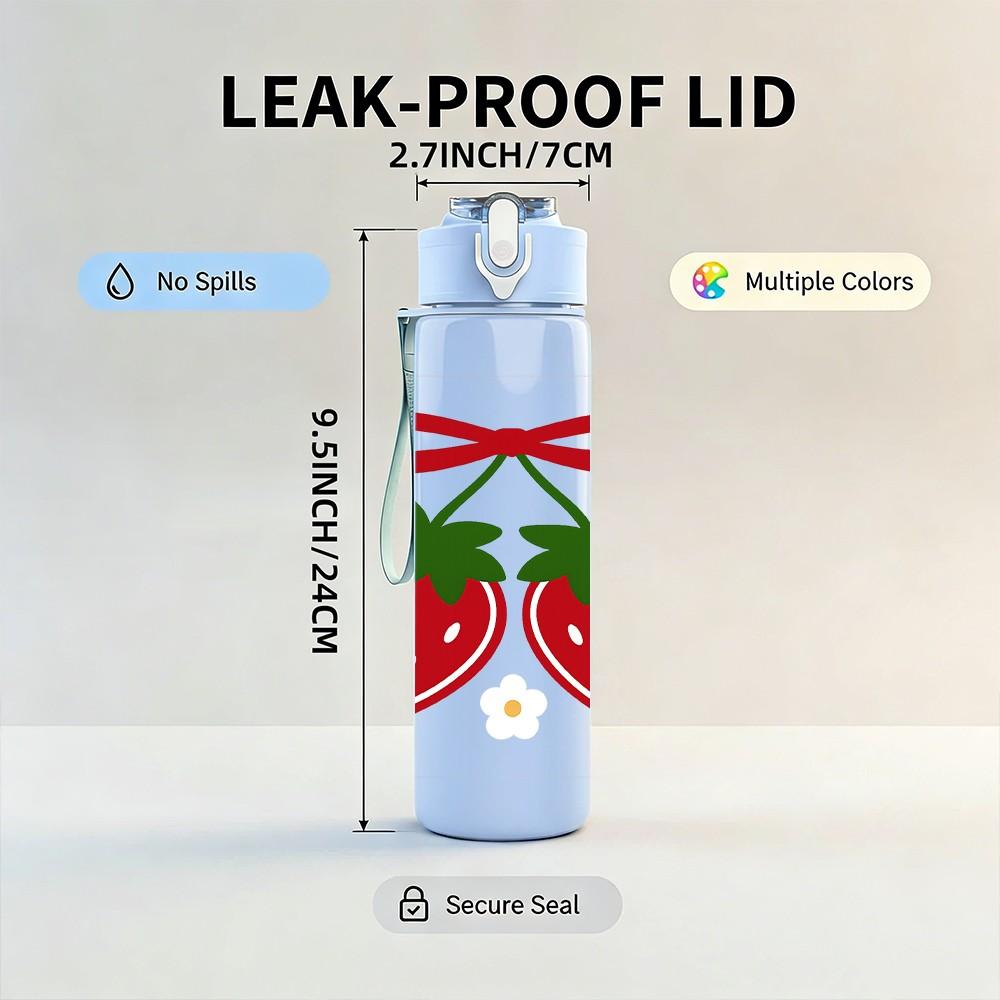 1PC Twin Red Strawberry With Bow 750ml Color Plastic Sports Water Bottle Leakproof Flip Straw Lid Suitable for Sports Office Home Use
