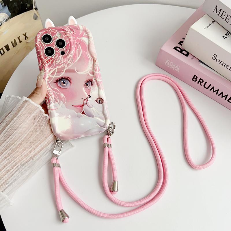 For VIVO V21E V25 E V30E V29 V40 SE Lite Vivo X100 S Ultra X200 Pro MINI Crossbody Strap Cartoon Cat Girl Phone Case Ears Cute