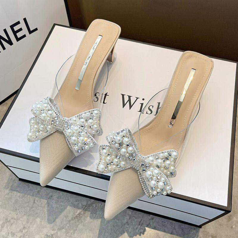2025 Summer New Shoes Slippers Women's Xia Liang Bag Head Medium Heel Thick Heel Shoes Half Slippers Wear Pointed Single Shoes Drag