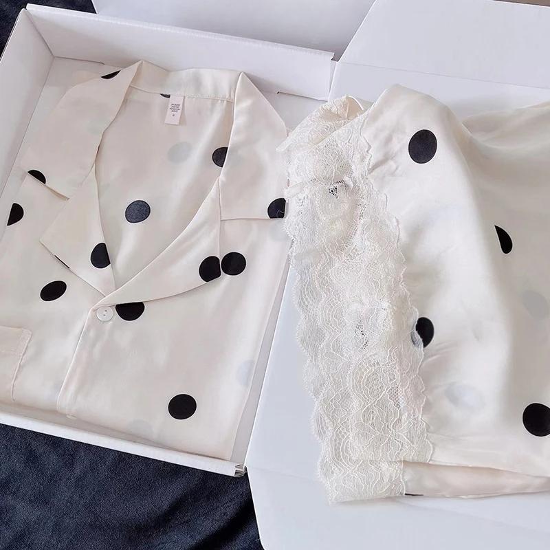 Classic Sweet Dot Print Women's Classy Pajamas Simulated Silk Lace Female Casual Lounge New Summer Cool Ladies Homewear