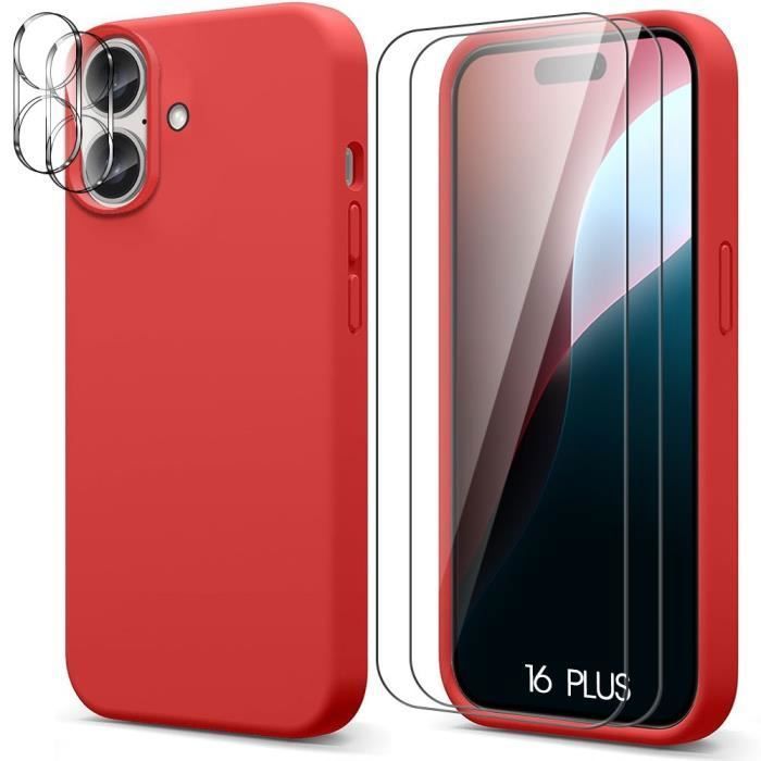 Coque de protection - BOOLING - pour iPhone 16 Plus - Silicone Liquide Rouge - Antidérapante - 2 Verres Trempés