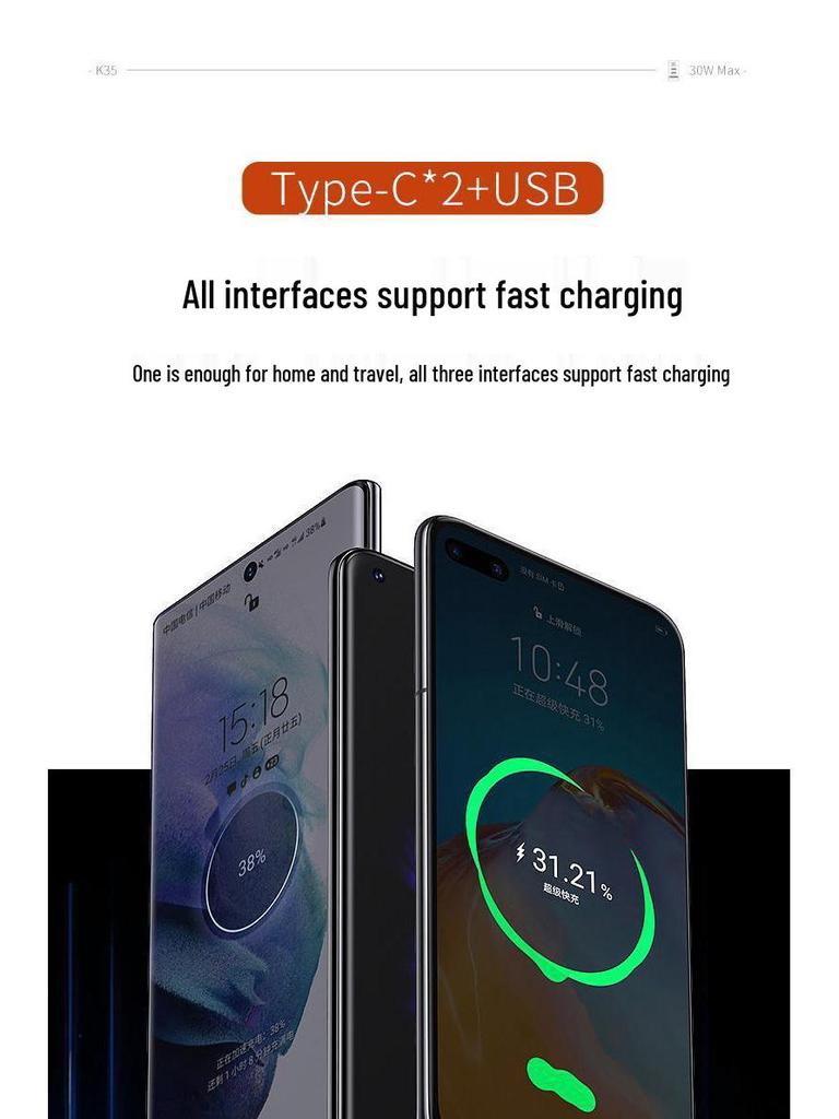 30W Triple-Port Fast Charger with Digital Display for Apple 15 Pro - Dual USB-C and USB Ports