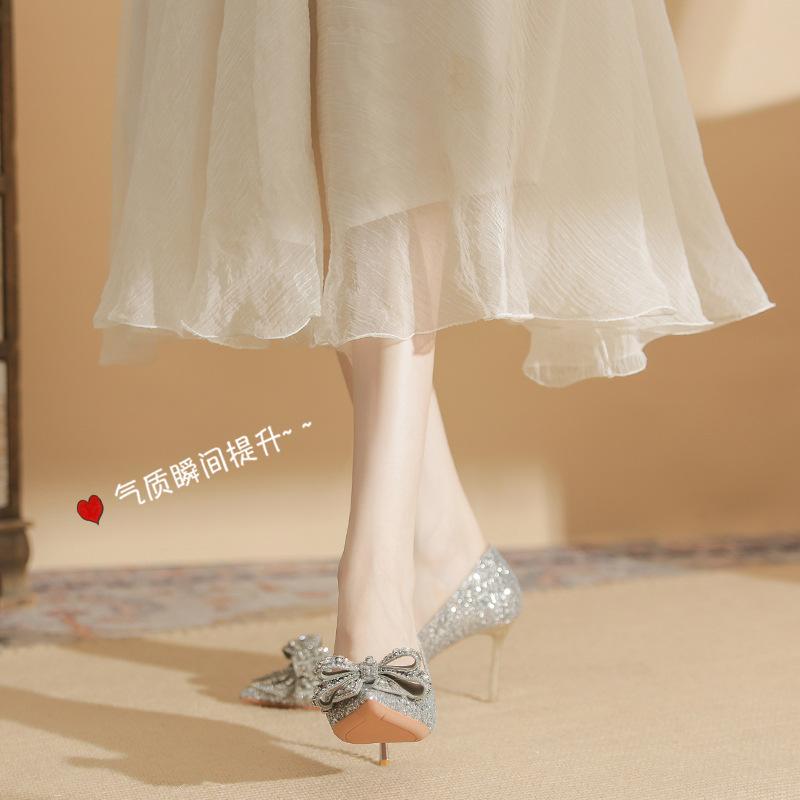 819-11 High heels women's spring 2025 new silver crystal bow wedding shoes pointed stiletto single shoes