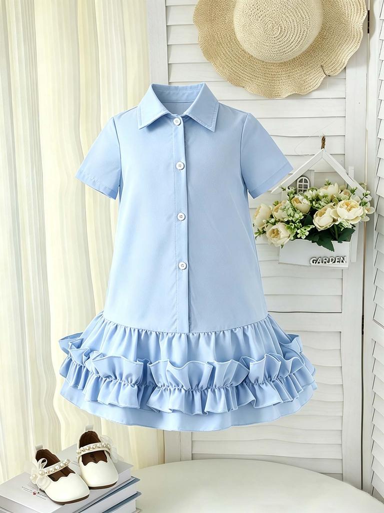 Girls' Short Sleeve Shirt Dress, Ruffle Hem Casual Summer Dress for Kids 1-8Y