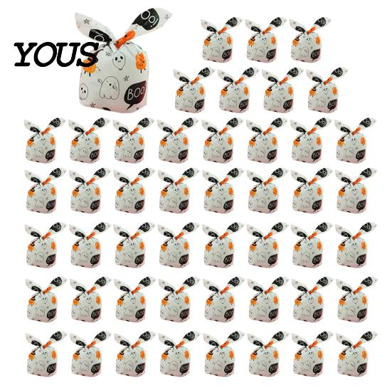 Small Candy Containers for Halloween Party 48 Pcs Bags, Kids Trick or Treat Goodie Cute Rabbit Cartoon Goody Bags Holiday Ear Plastic Gift Cookie,