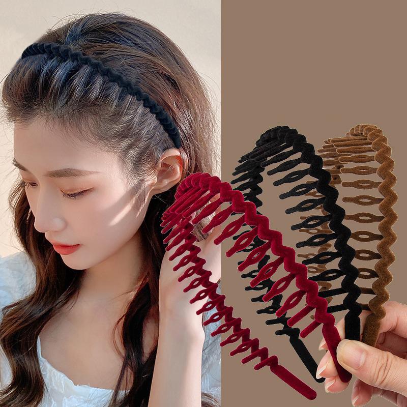Matte Wave Simple Flocking Hair Band Women Velvet Face-Washing Headdress Headband Toothed Anti-Slip Hair Hoop Headwear Girl Gift