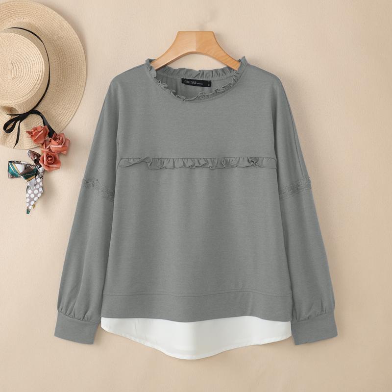 ZANZEA Women Casual Round Neck Solid Color Loose Spring Long Sleeve Tee Tops