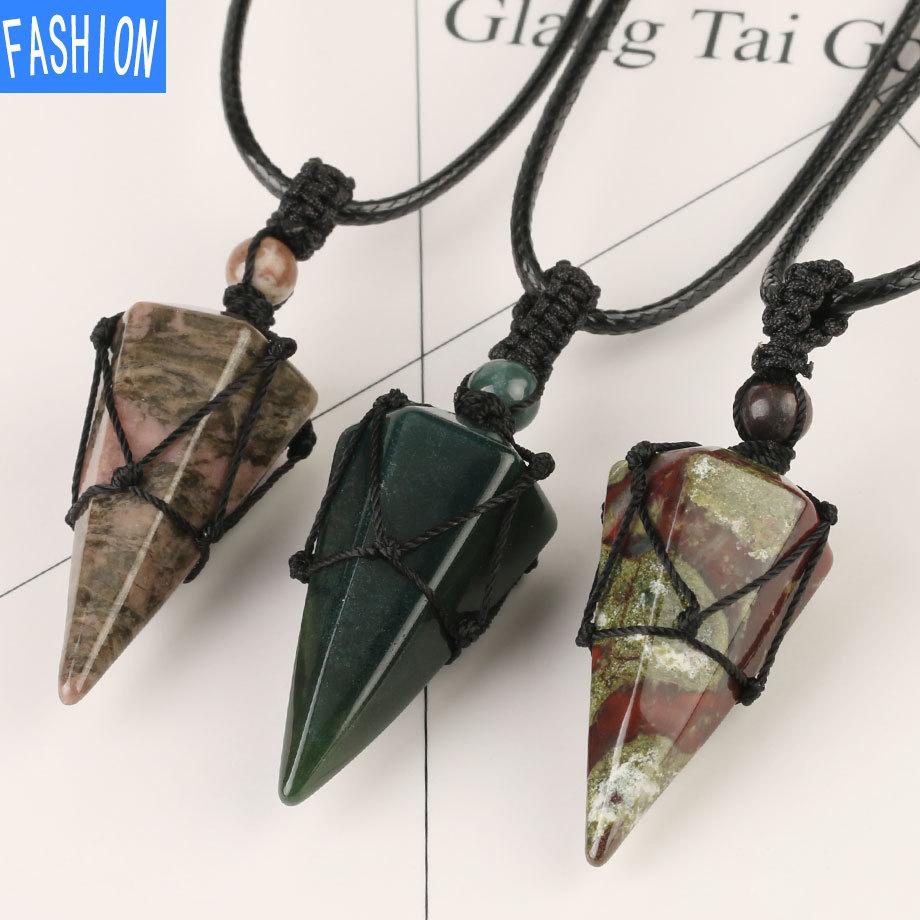 European And American Hand Woven Hexagonal Stone Pendant Accessories Women'S Powder Crystal Amethyst Necklace