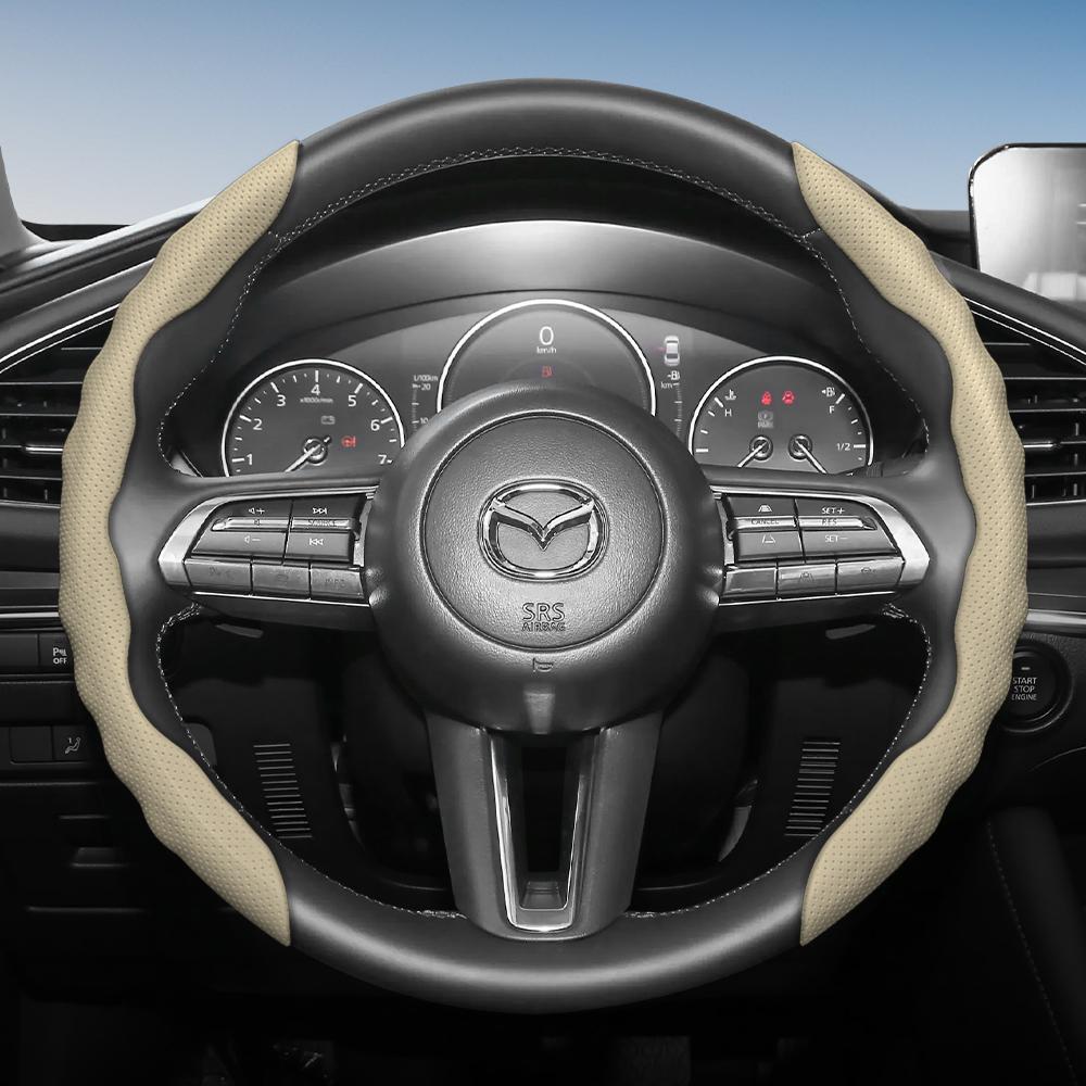 zkfan8 Suitable for Mazda Steering Wheel Cover with Wavy Sports Design, Breathable Leather, Segmented Anti-Slip, Sweat-Absorbing Protective Cover,
