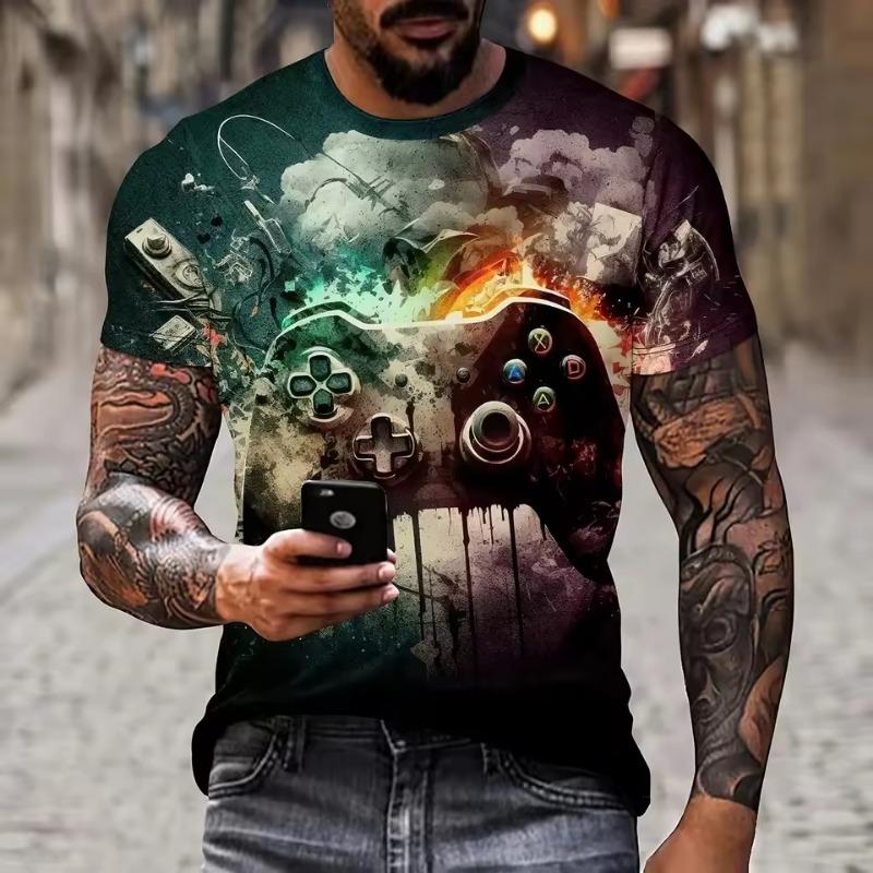 Men's T-Shirt Artistic Color Entertainment Game Controller Pattern Splicing 3D Printed Casual Short Sleeved Fashionable Clothes