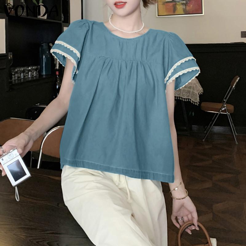 

VONDA женская летняя свободная блузка с круглым вырезом и коротким рукавом с небольшими кружевными рюшами