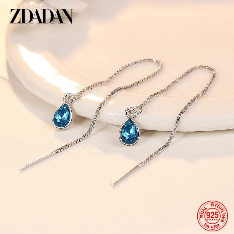 925 Sterling Silver Blue Crystal Long Chain Dangle Earrings for Women Wedding Jewelry