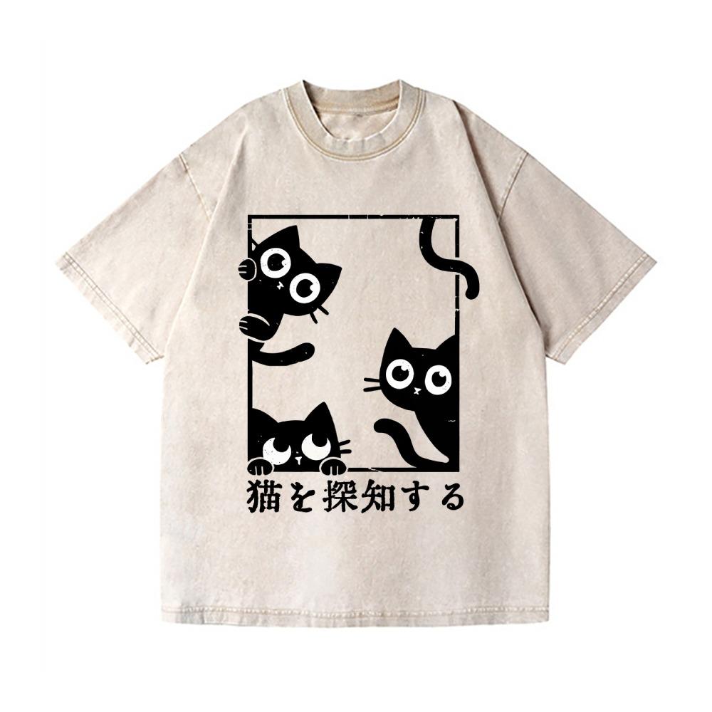 Fashion Black Cat Vintage Wash Japanese Design T-Shirt Harajuku Basic Top Casual Cotton Short Sleeve Dropped Shoulder