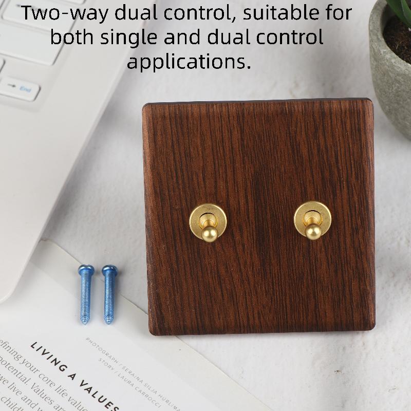Wood Retro British Light Switch Socket Bedside Wall Lamp Switch LED Dimmer Pure Brass Toggle Switch Board