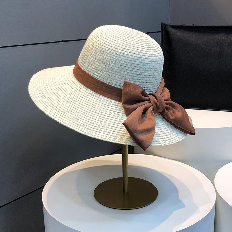 Women's Wide-Brimmed Straw Sun Hat, Summer Beach Hat with Bow, Breathable Foldable, Vacation Accessory
