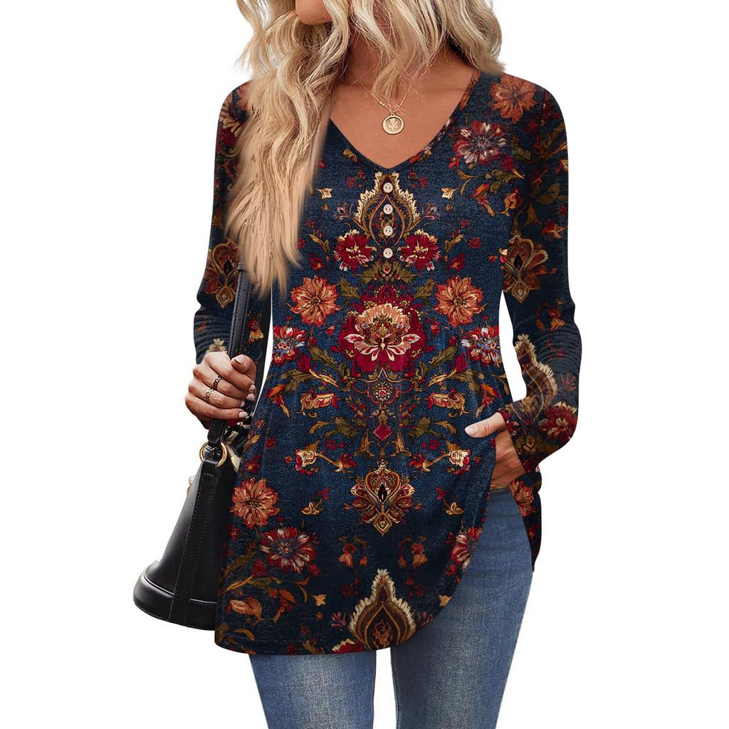 Camicia da donna casual a maniche lunghe a tinta unita da donna con scollo a V