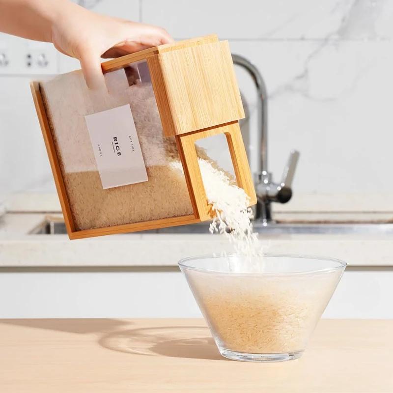 Bamboo Wooden Grain Storage Box Airtight Square Kitchen Pantry Organizer Transparent Food Container for Rice Cereal Dry Goods