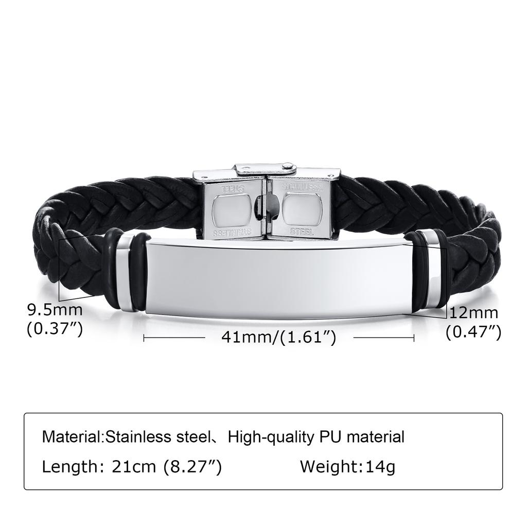 Vnox Custom Leather Bracelets for Men, Engraved Stainless Steel Bar with Braided Leather Bangle, Black Simple Name Husband Gift