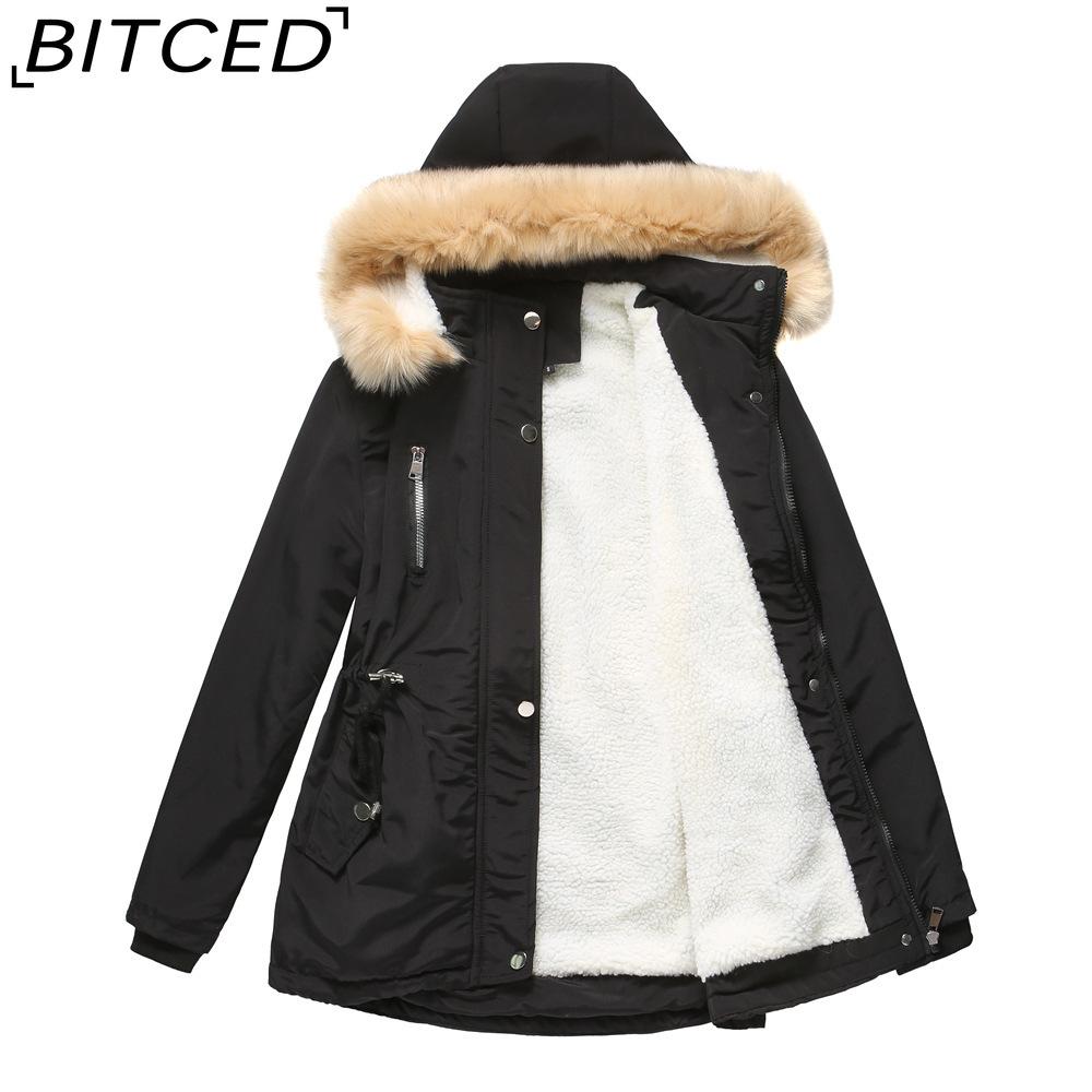 BITCED Autumn/Winter Women's Thickened Shearling-Lined Cotton Coat Loose-Fit Cotton Jacket with Detachable Hood and Fleece Lining