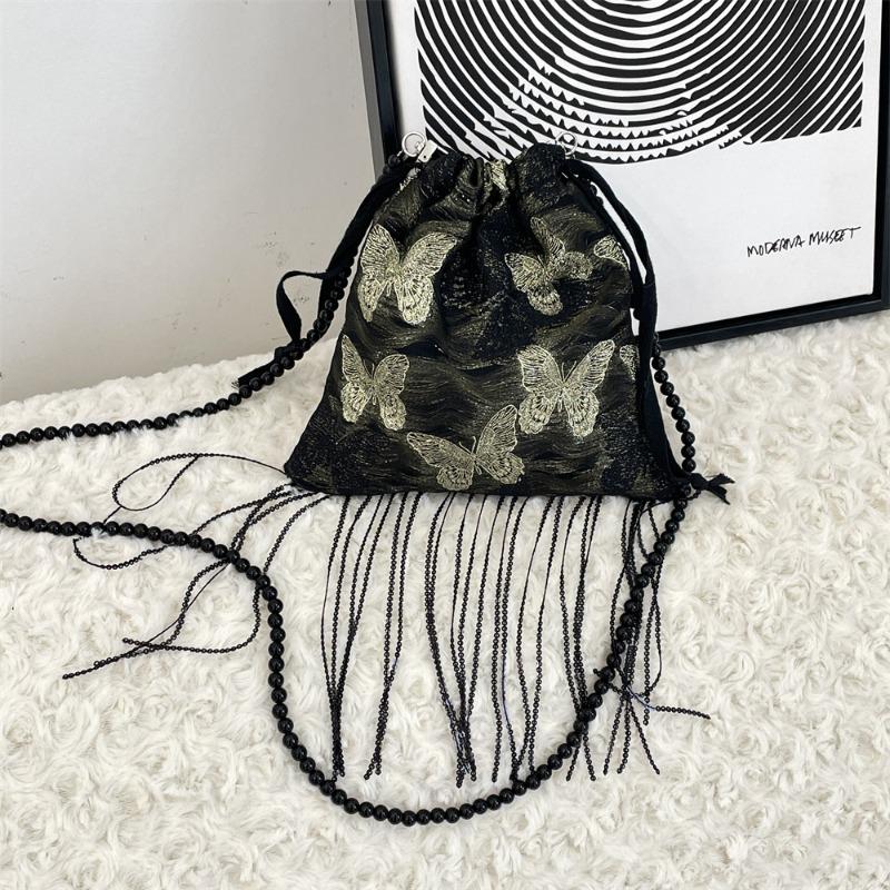 33 Golden Silk Butterfly Drawstring Bundle Crossbody Bag Retro Tassel Shoulder Bag Lazy Underarm Bag