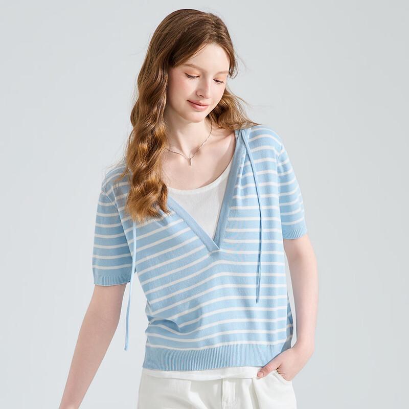 Women's Striped Hooded Short-Sleeve Knit Top