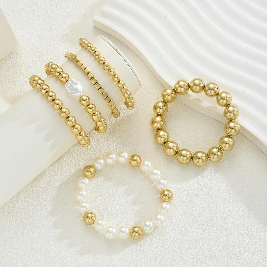 6Pcs/Set Fashion Gold Color CCB Bead Bracelets Vintage Imitate Geometric Bracelet For Women Daily Wear Jewelry