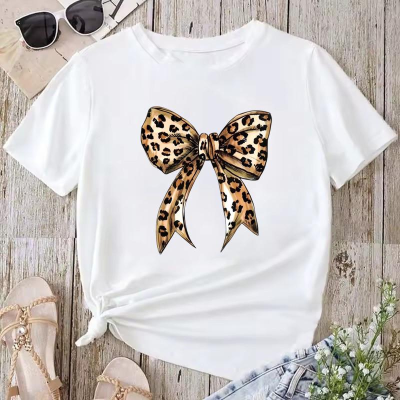 Fashionable Women Tshirt Summer Lightweight Knit Slightly Stretchy Short Sleeve Leopard Print Bow Tshirt Womens Clothing