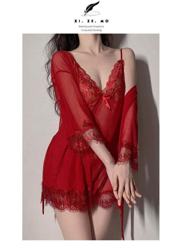 Strappy Lace Nightgown & Tie-Up Robe Set: Tempting Lingerie Homewear for Women