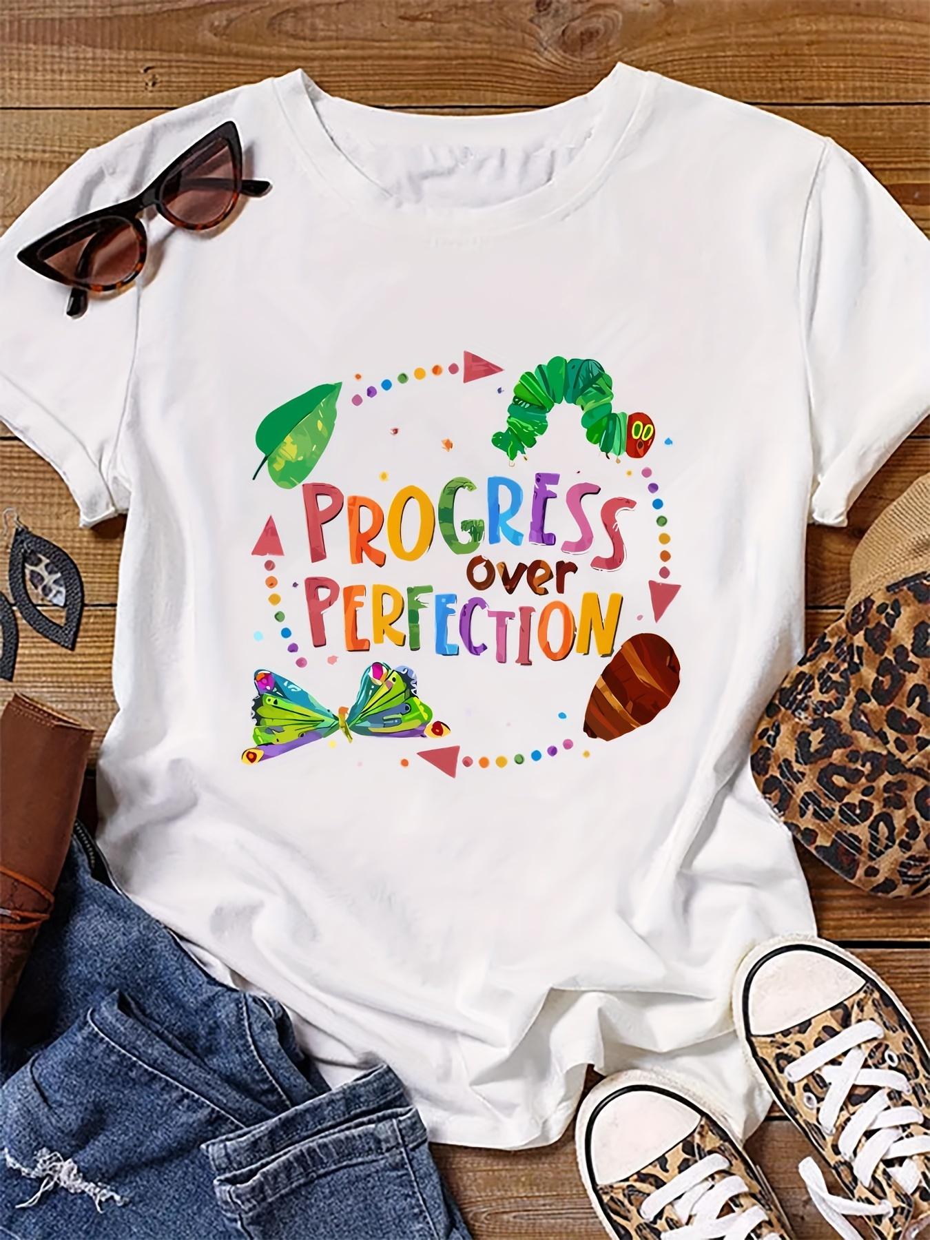 Womens PROGRESS Motivational Graphic TShirt Colorful Lettering with Playful Hearts Stars for Aesthetic Clothes S