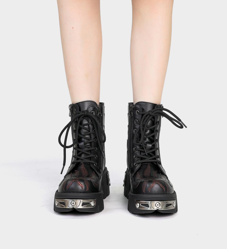 Botine noi punk cu platformă pentru femei, cu vârf rotund, cu șireturi, pantofi groși, retro, decor metalic, cizme scurte