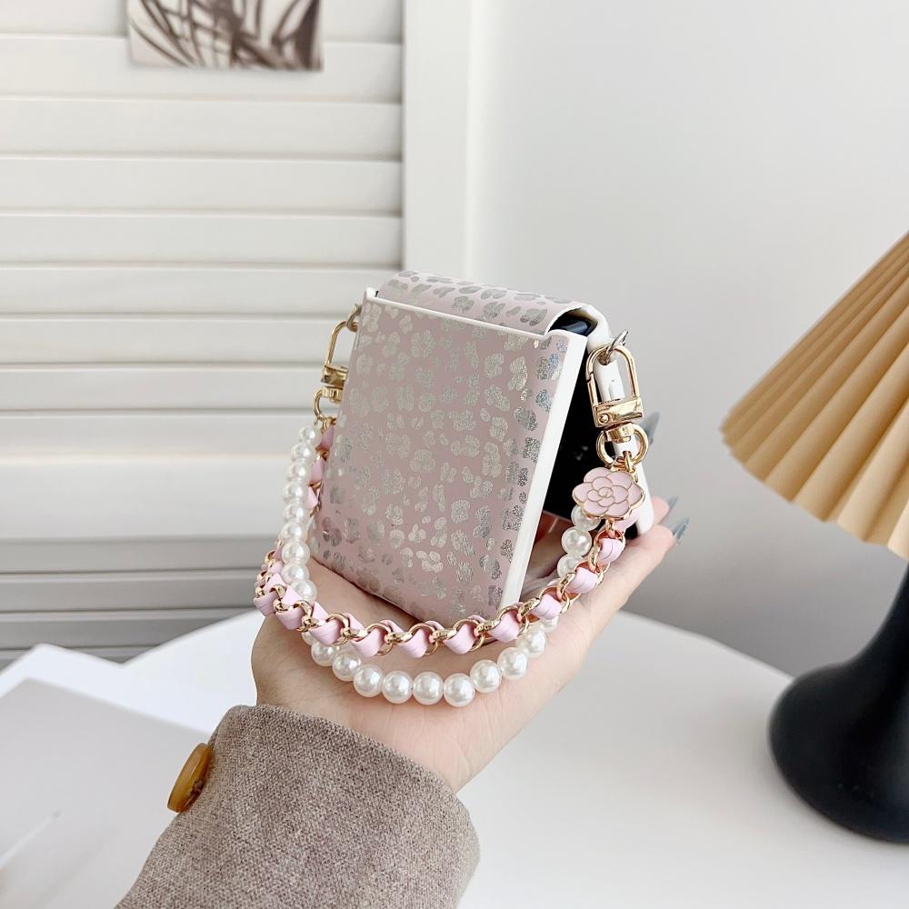 Laser Leopard Print Lanyard Phone Case For Samsung Galaxy Z Flip 8 7 6 5 Flip7 FE Foldable Bracelet Shockproof Protective Cover