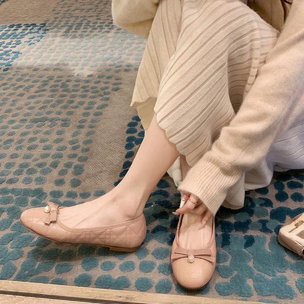 Sheepskin French Bow Genuine Leather Mary Jane Shoes Women's Shallow Mouth Single Shoes Pearl Ballet Flats Soft-soled Ladyshoes