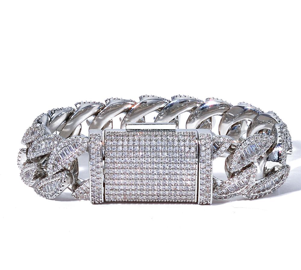 NUOYA Luxury Hip Hop Bracelet 20MM Cuban Chain Full Iced Out Mixed Baguette Round Cubic Zirconia Inlay Jewelry Brass+Zircon&Bracelet 7inch(17.78cm) серебряный