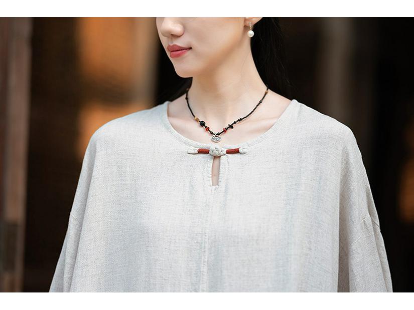 Damski Retro Okrągły Dekolt Guziki Żabki Bawełna Len Krótki Rękaw Top