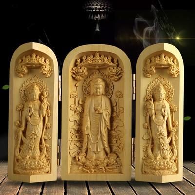 1 Pièce Exquise Sculpture en Bois de Buis Statue de Bouddha Guanyin Artisanat de Sculpture sur Bois Western Sansheng Décoration de Maison