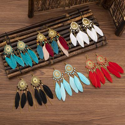 Ethnic Style Earrings Femininity Long Feather Earrings Fringed Ear Hanging Yunnan Lijiang Travel Vacation Earrings