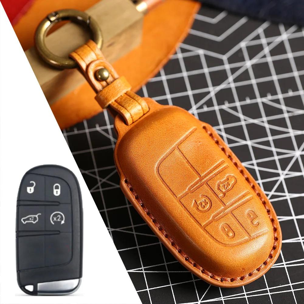 

Car Key Case Cover For Jeep Renegade Grand Cherokee Dodge Challenger Leather Keychain Holder Fob Protector Keyring Accessories коричневый